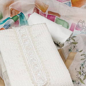 Offwhite Floral Sequins Embroidered Cotton Silk Dress Material