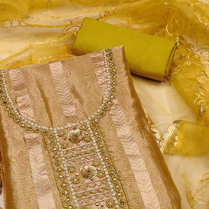 Green Sequins Hand Embroidery Organza Dress Material