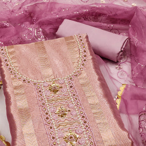 Mauve Sequins Hand Embroidery Organza Dress Material