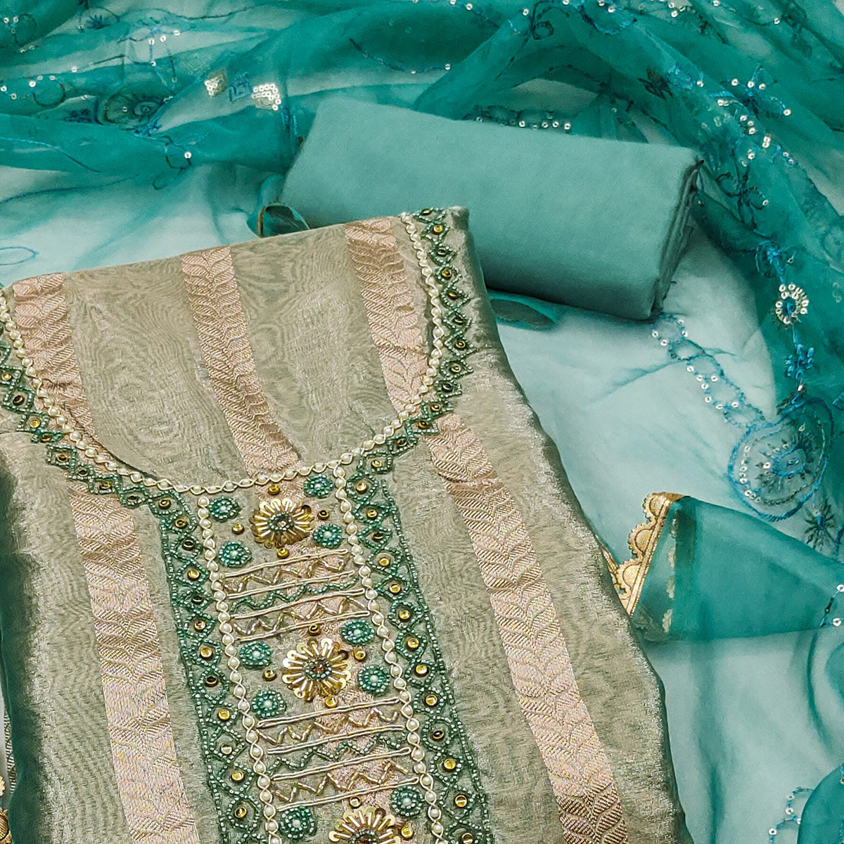 Rama Green Sequins Hand Embroidery Organza Dress Material