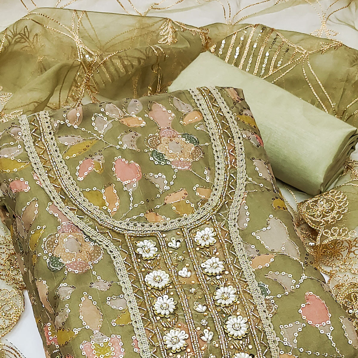 Mehendi Green Floral Sequins Embroidery Organza Dress Material