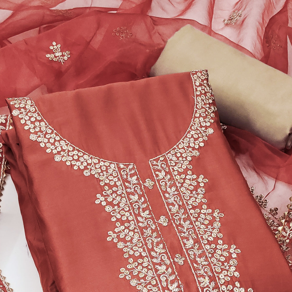 Rust Sequins Embroidered Cotton Silk Dress Material