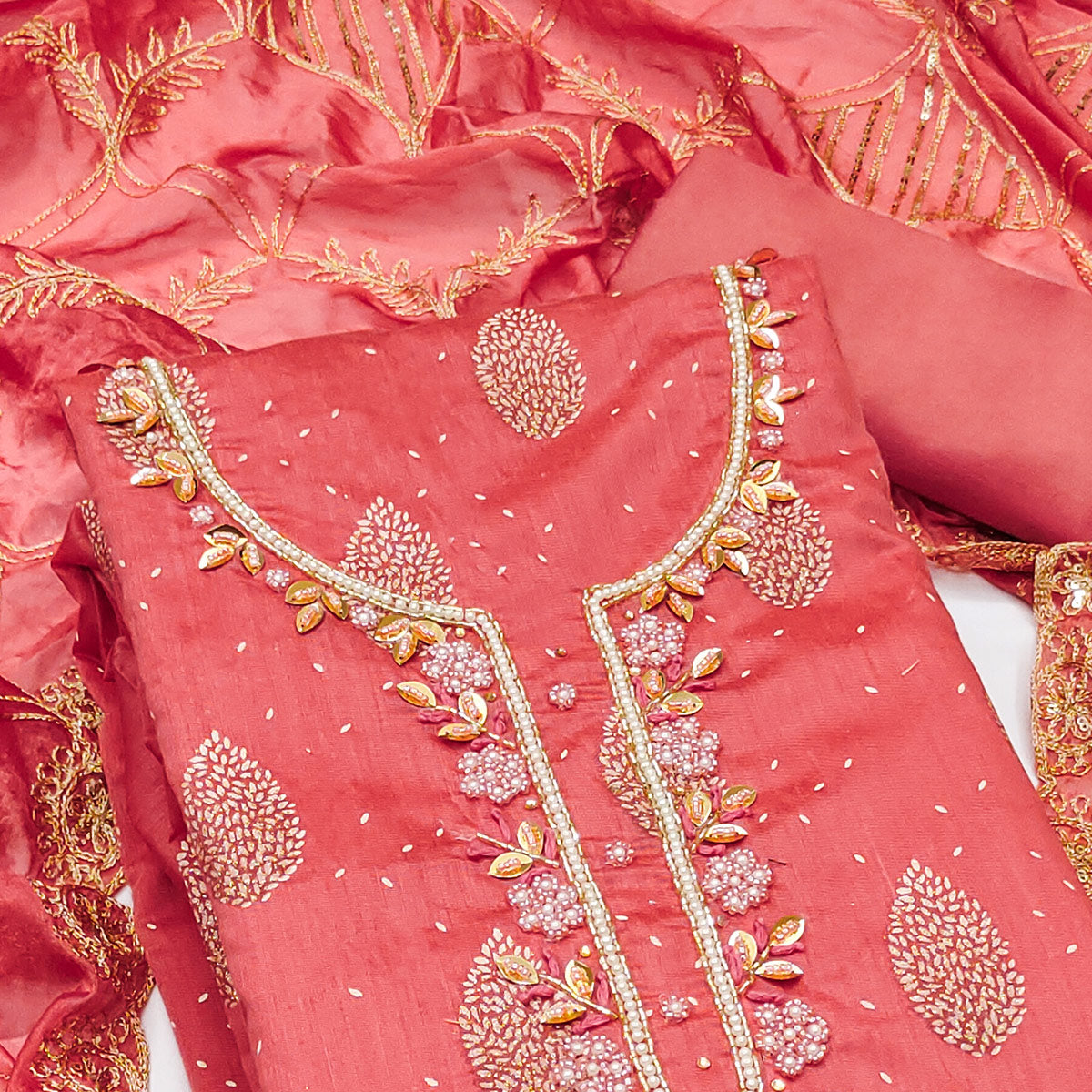 Peach Printed With Hand Embroidered Chanderi Silk Dress Material