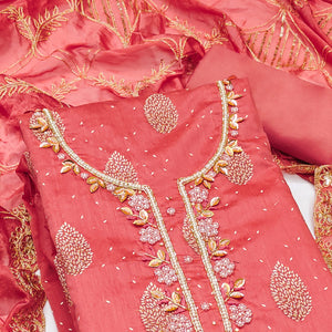 Peach Printed With Hand Embroidered Chanderi Silk Dress Material