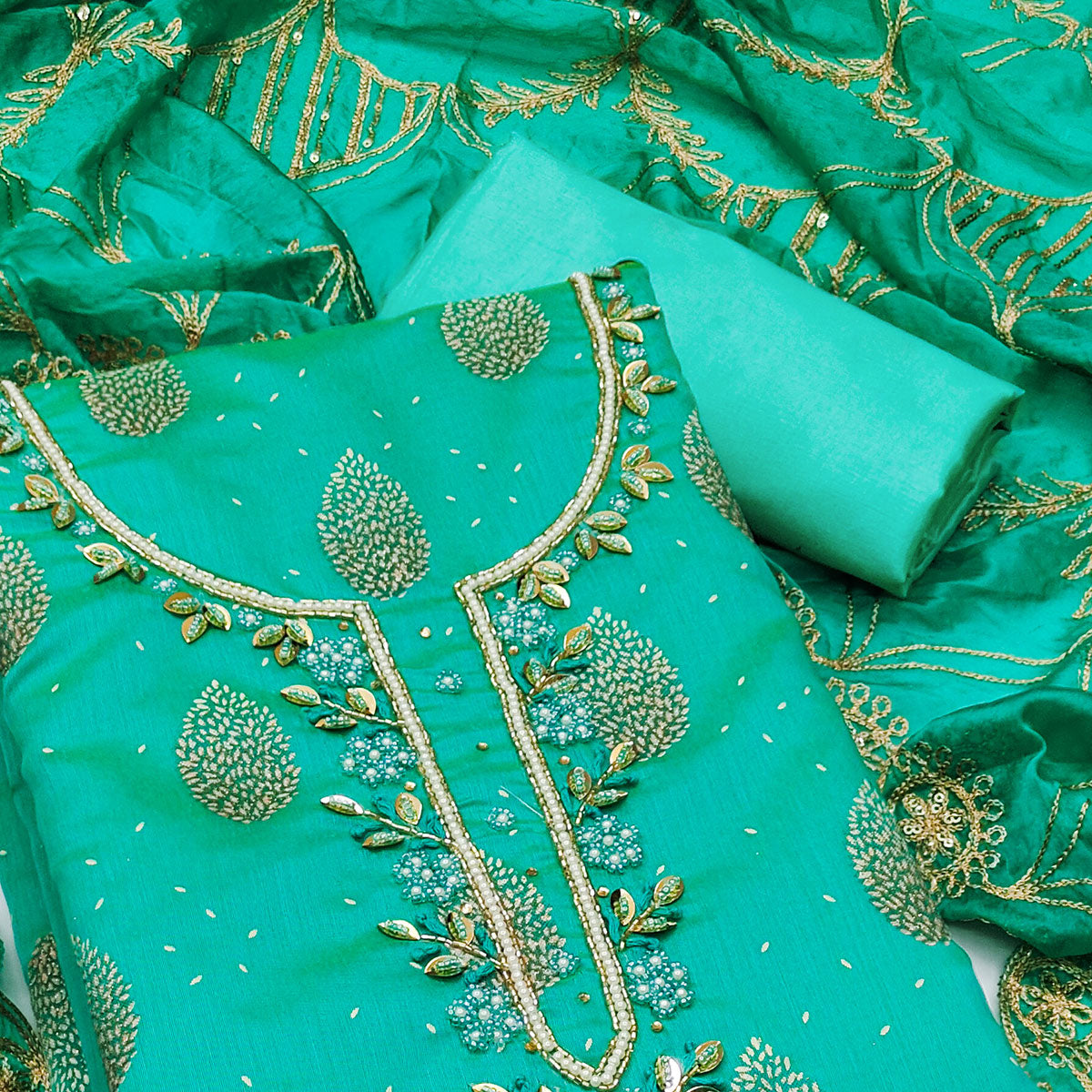 Turquoise Printed With Hand Embroidered Chanderi Silk Dress Material