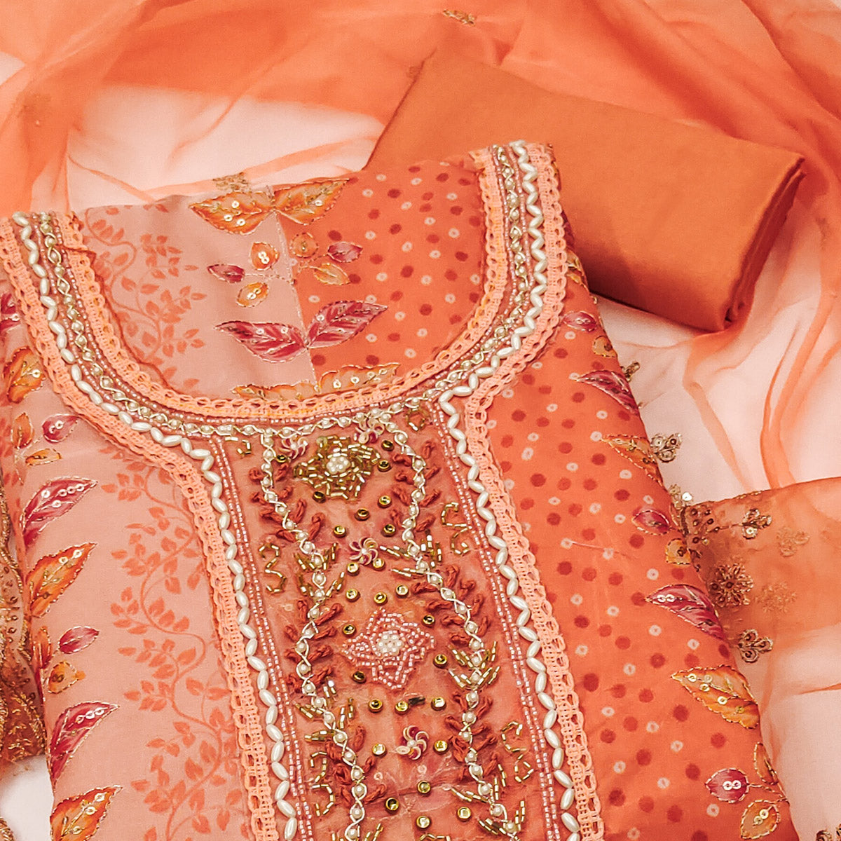 Orange Floral Sequins Embroidery With Printed Organza Dress Material