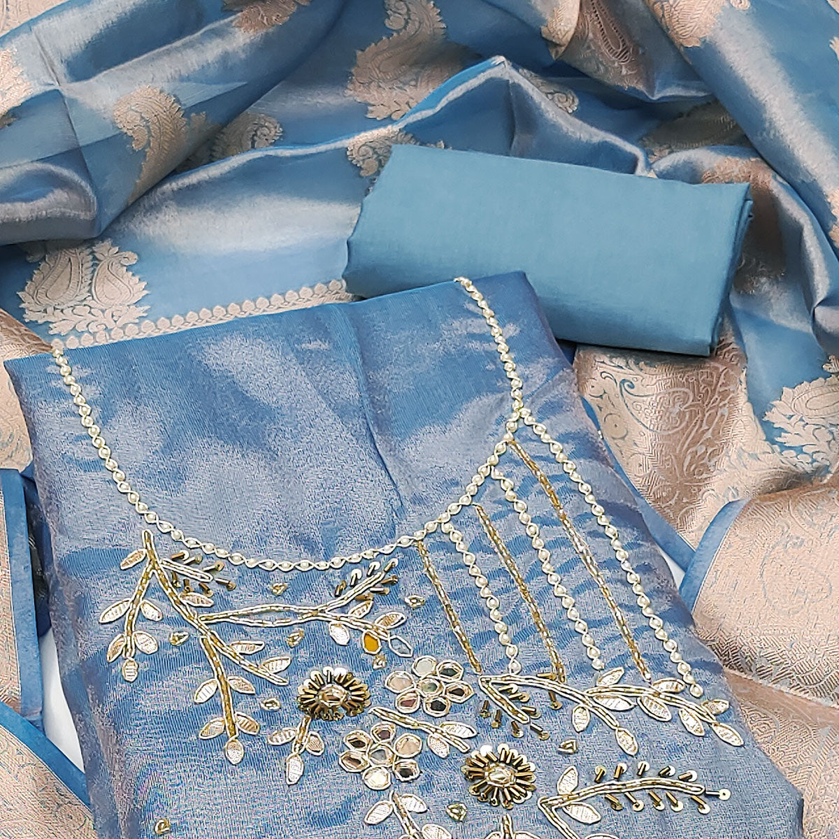 Blue Floral Moti With Gota Patti Handwork Viscose Dress Material