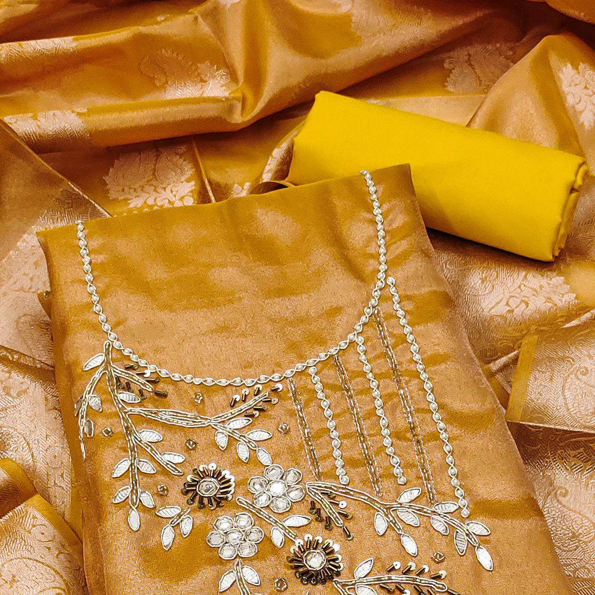 Mustard Floral Moti With Gota Patti Handwork Viscose Dress Material