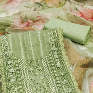 Green Floral Sequins Embroidered Cotton Silk Dress Material