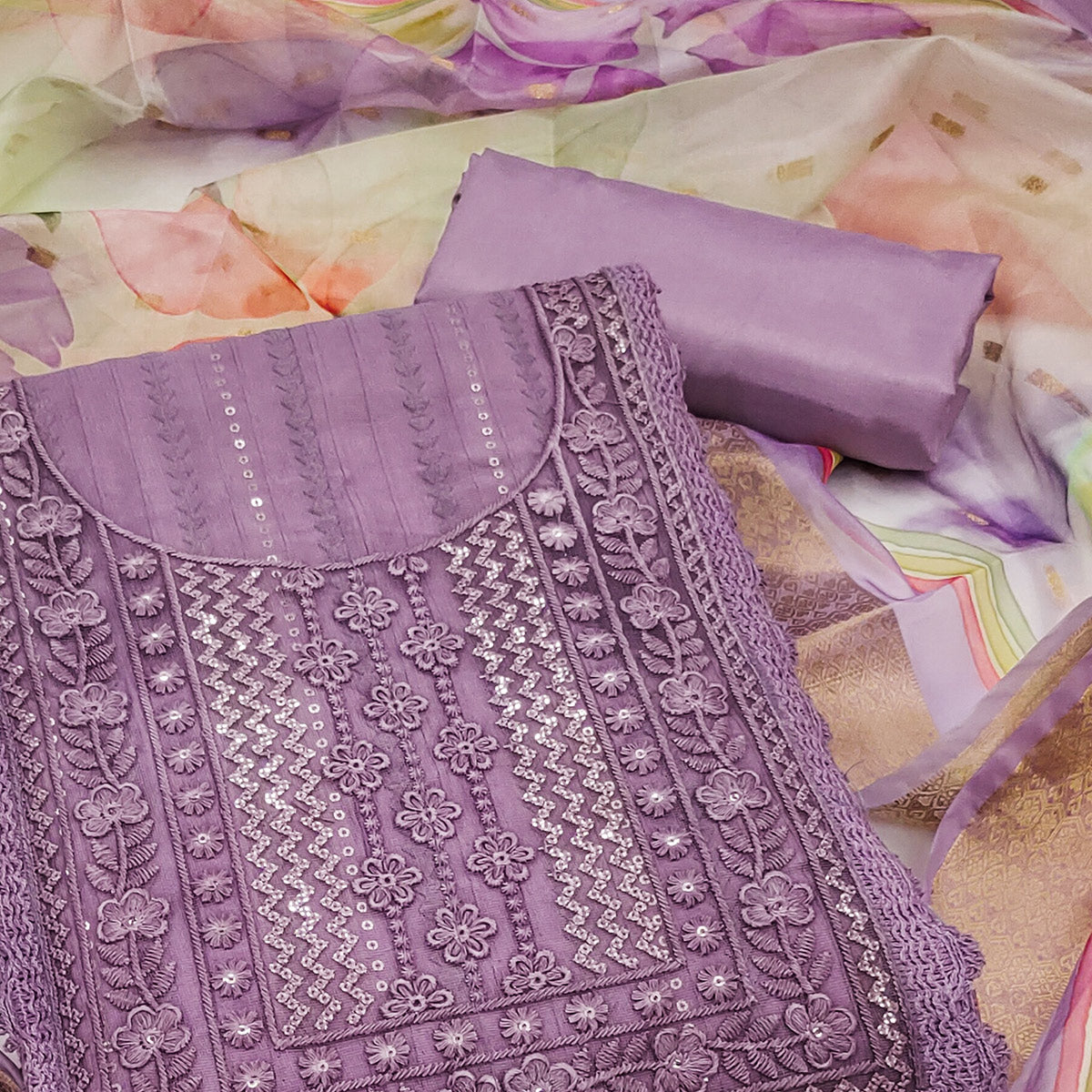 Purple Floral Sequins Embroidered Cotton Silk Dress Material