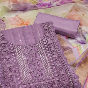 Purple Floral Sequins Embroidered Cotton Silk Dress Material