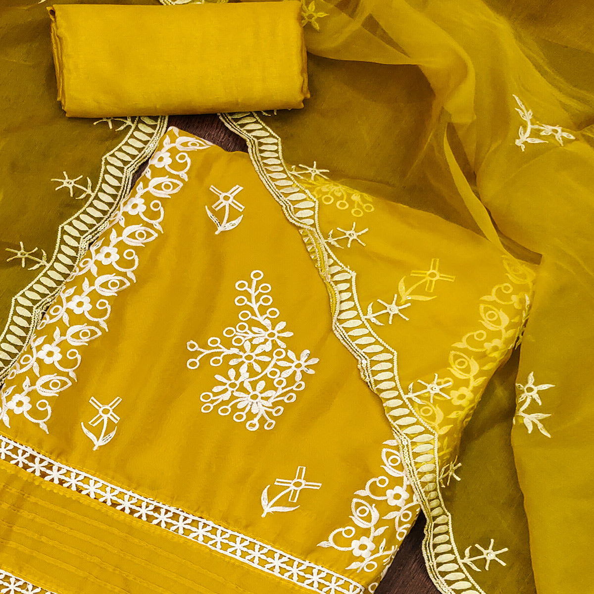 Mustard Floral Sequins Embroidered Organza Dress Material