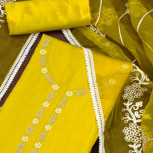 Yellow Floral Sequins Embroidery With Handwork Cotton Silk Dress Material