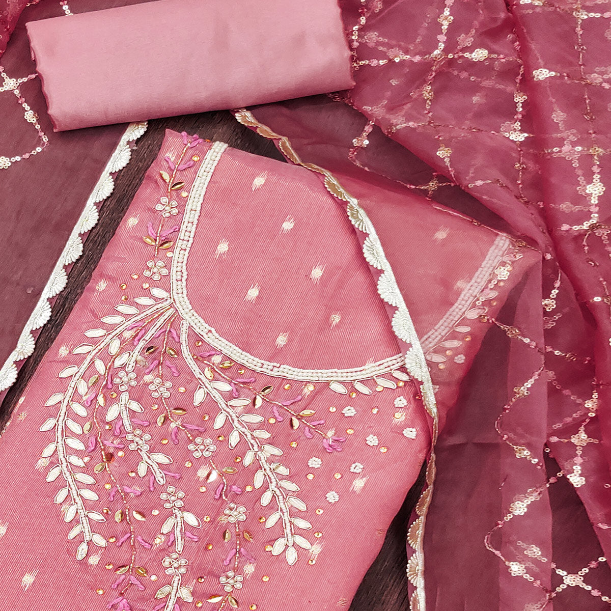 Gajari Pink Woven With Handwork Shimmer Banarasi Silk Material Material