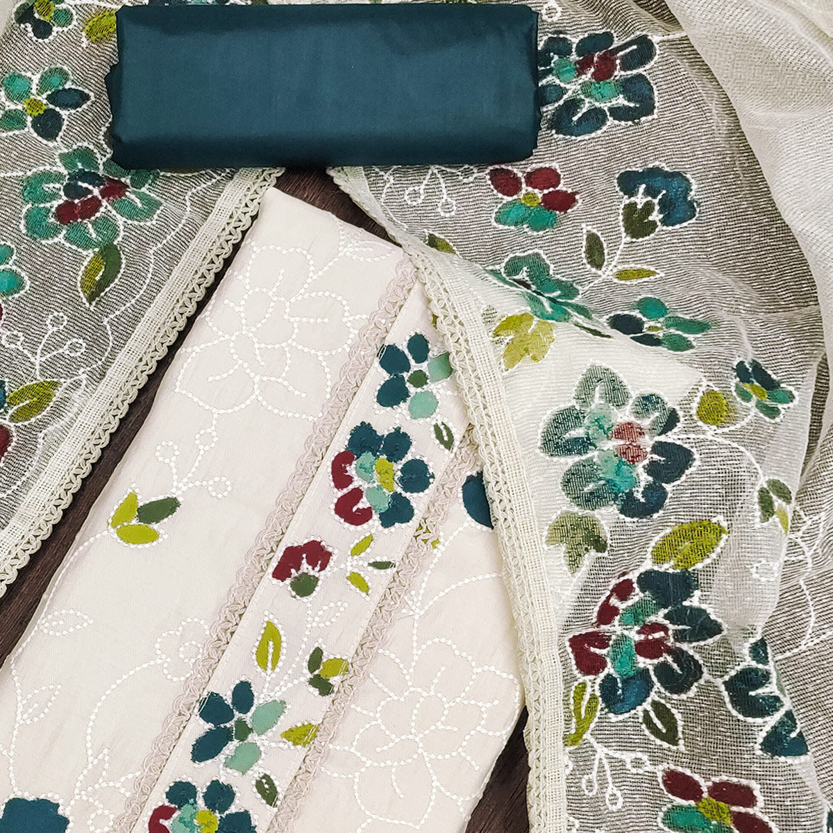 Offwhite & Morpich Floral Embroidery With Printed Roman Cotton Silk Material Material