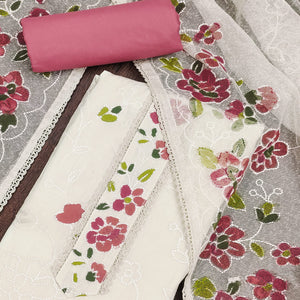 Offwhite & Pink Floral Embroidery With Printed Roman Cotton Silk Material Material