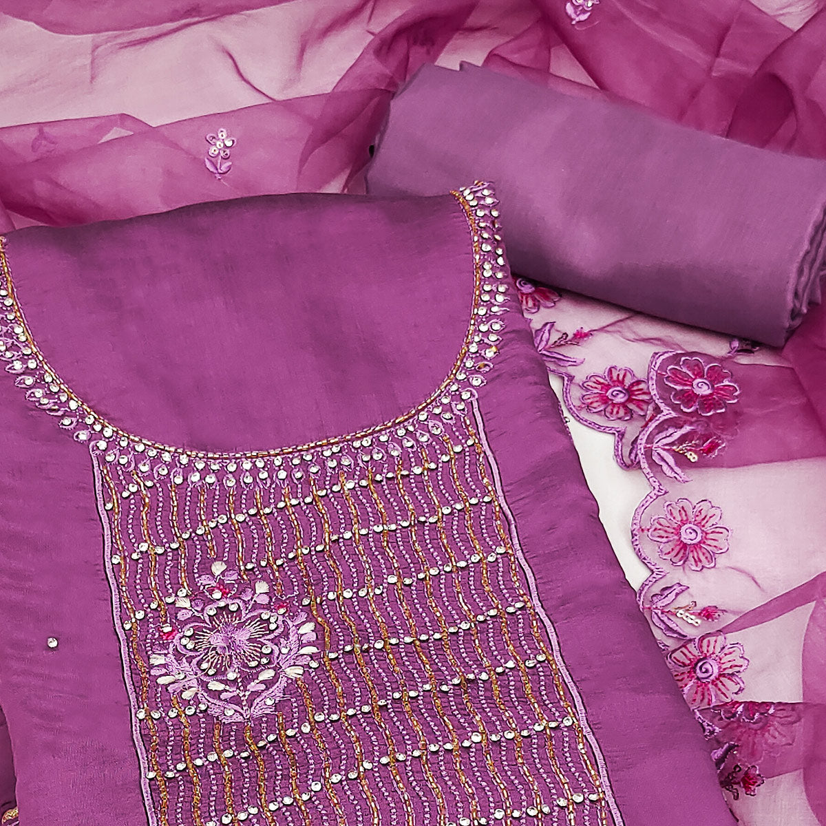 Purple Floral Embroidery With Stonework Cotton Silk Dress Material
