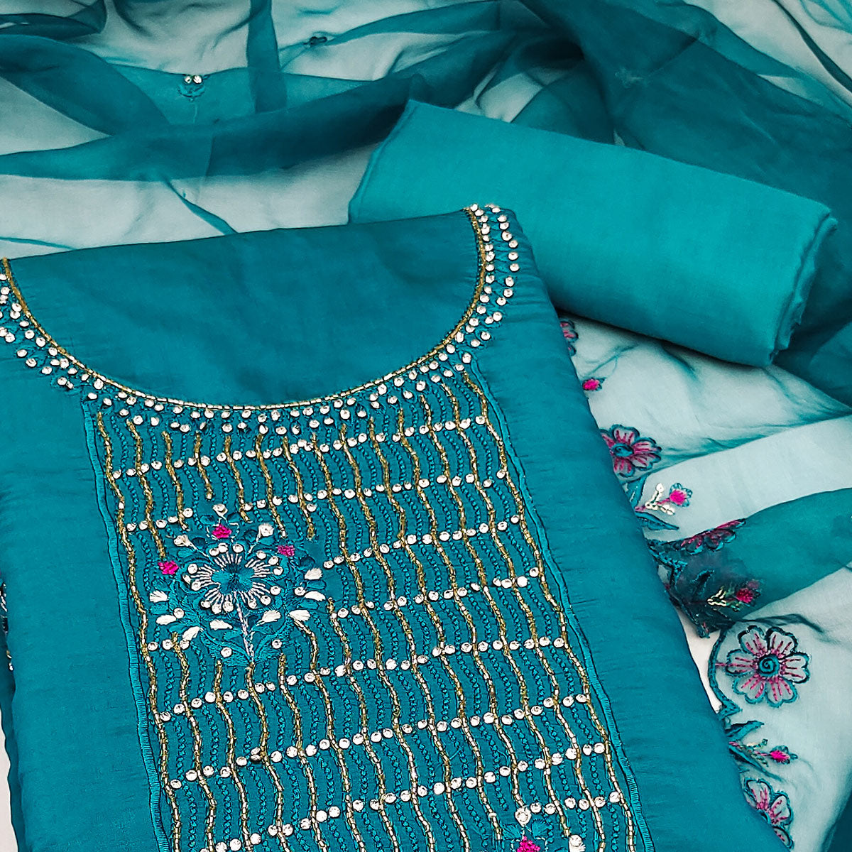 Teal Floral Embroidery With Stonework Cotton Silk Dress Material