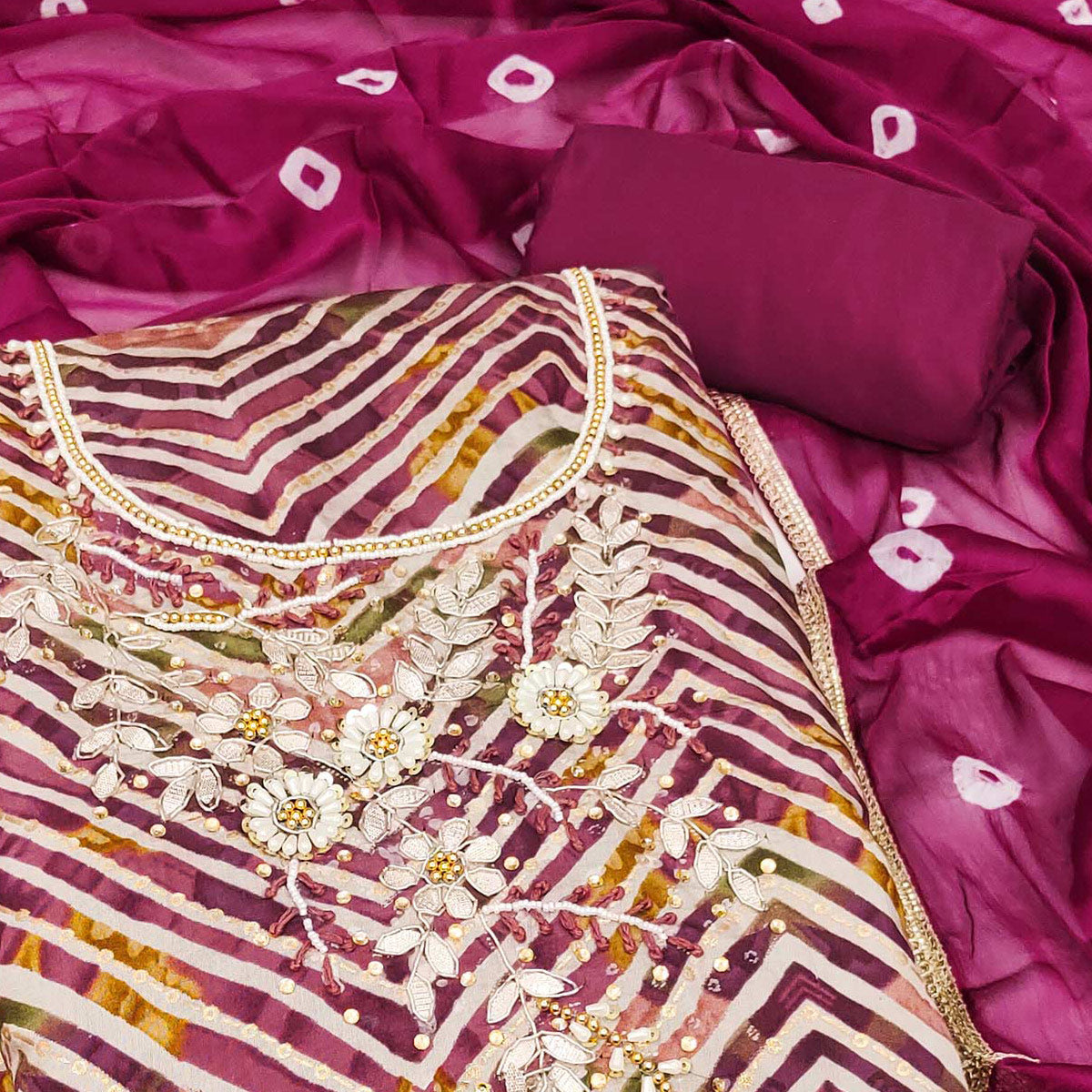 Wine Zig Zag Printed With Floral Handwork Roman Cotton Silk Dress Material