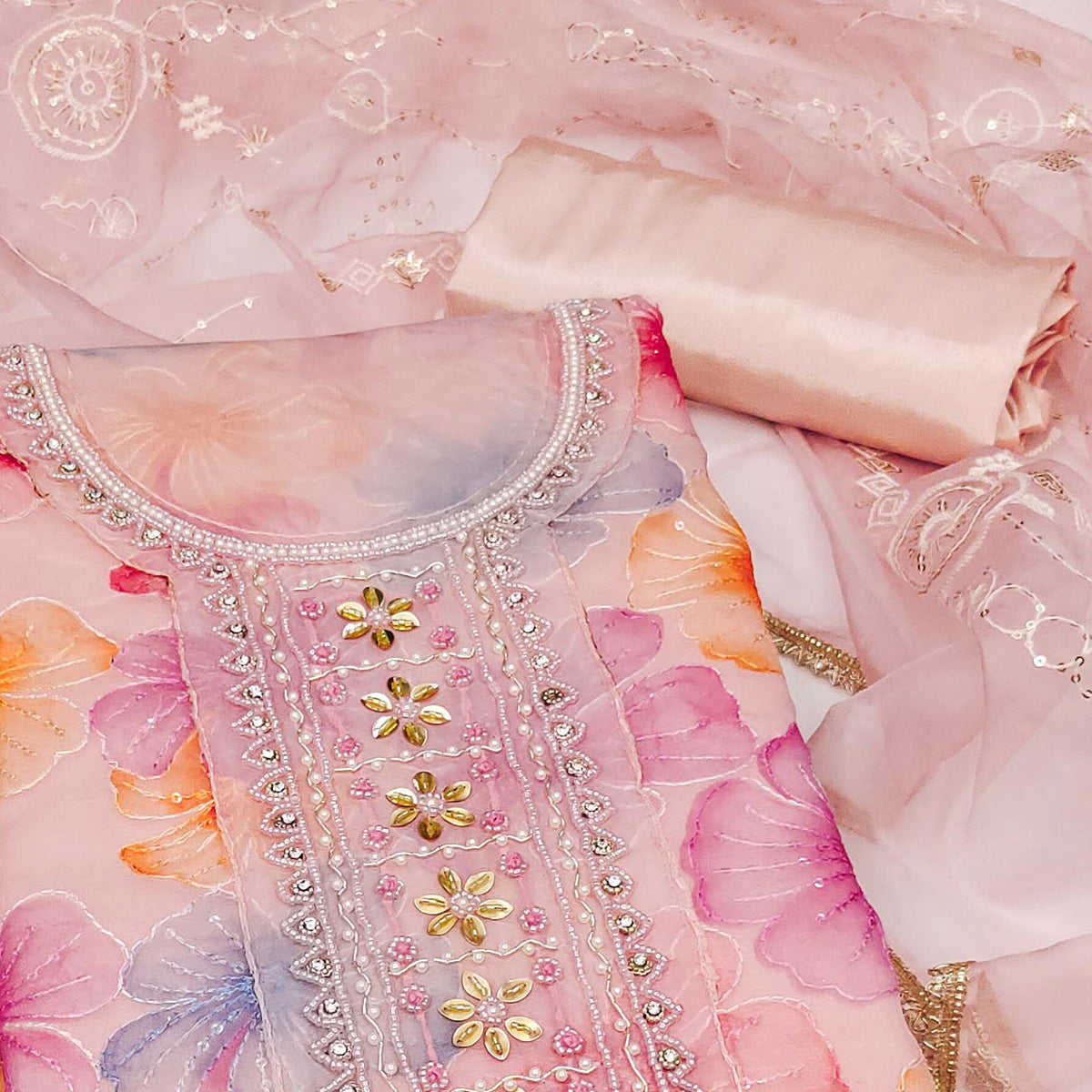 Peach Floral Sequins Embroidery With Handwork Organza Dress Material