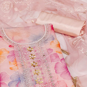 Peach Floral Sequins Embroidery With Handwork Organza Dress Material