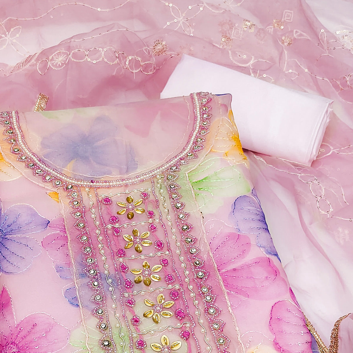 Pink Floral Sequins Embroidery With Handwork Organza Dress Material