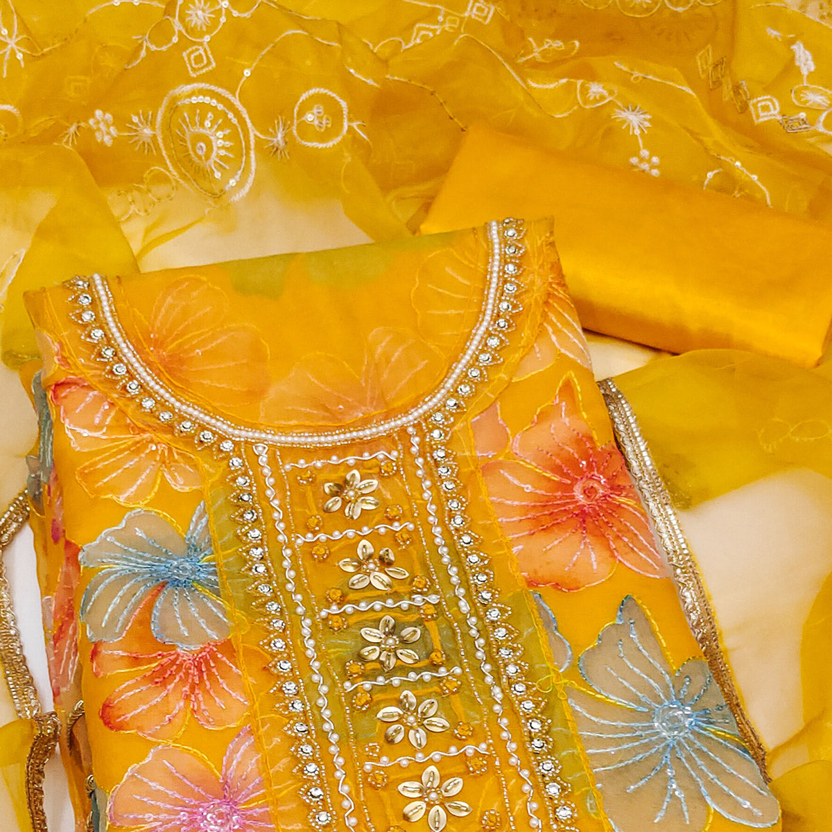 Yellow Floral Sequins Embroidery With Handwork Organza Dress Material