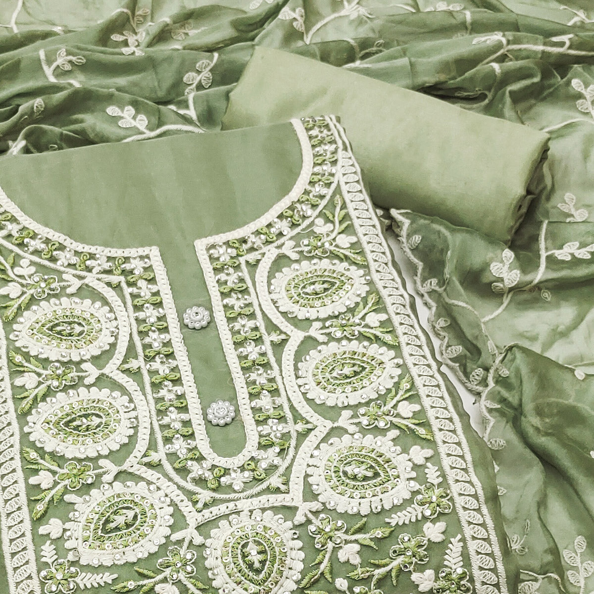 Green Floral Sequins Embroidered Organza Dress Material