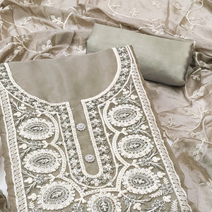 Light Grey Floral Sequins Embroidered Organza Dress Material