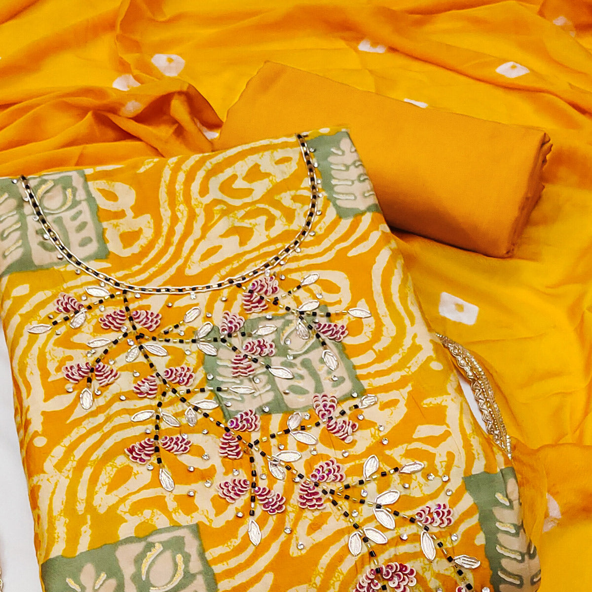 Yellow Printed With Handwork Cotton Silk Dress Material