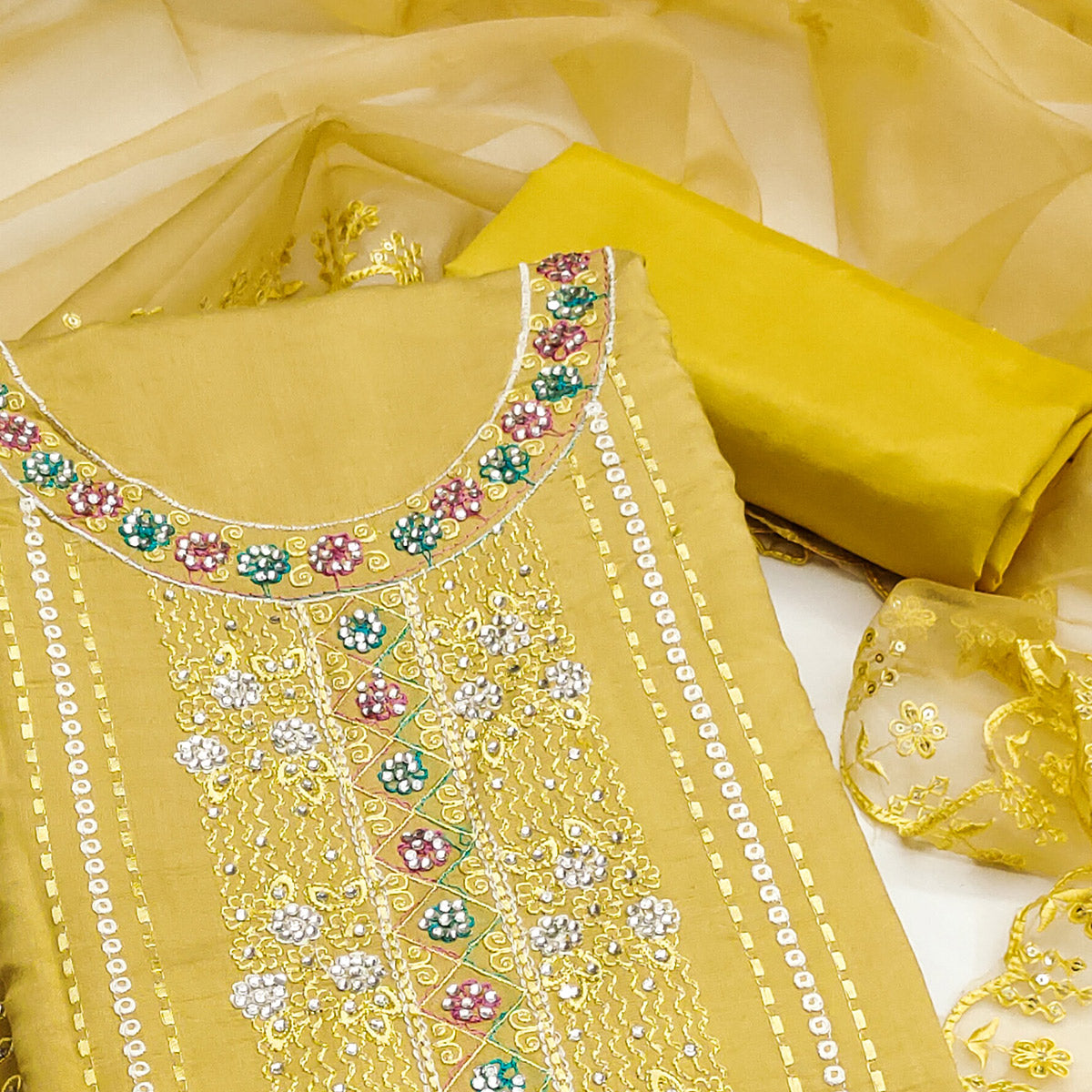 Yellow Floral Embroidery With Stonework Roman Cotton Silk Dress Material