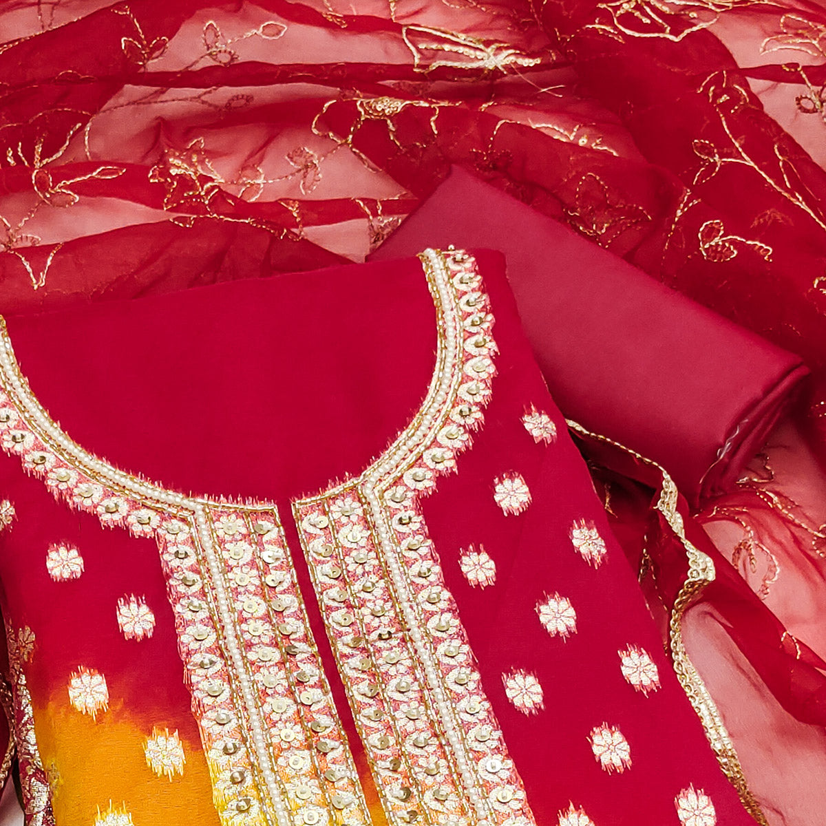 Red Floral Woven With Handwork Organza Banarasi Dress Material
