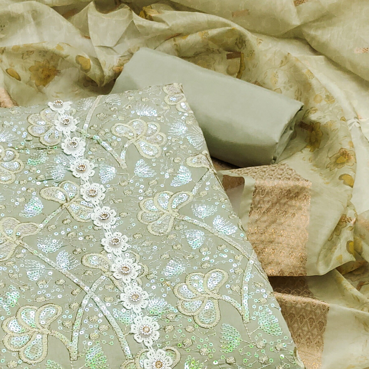 Green Floral Sequins Embroidery Cotton Roman Silk Dress Material