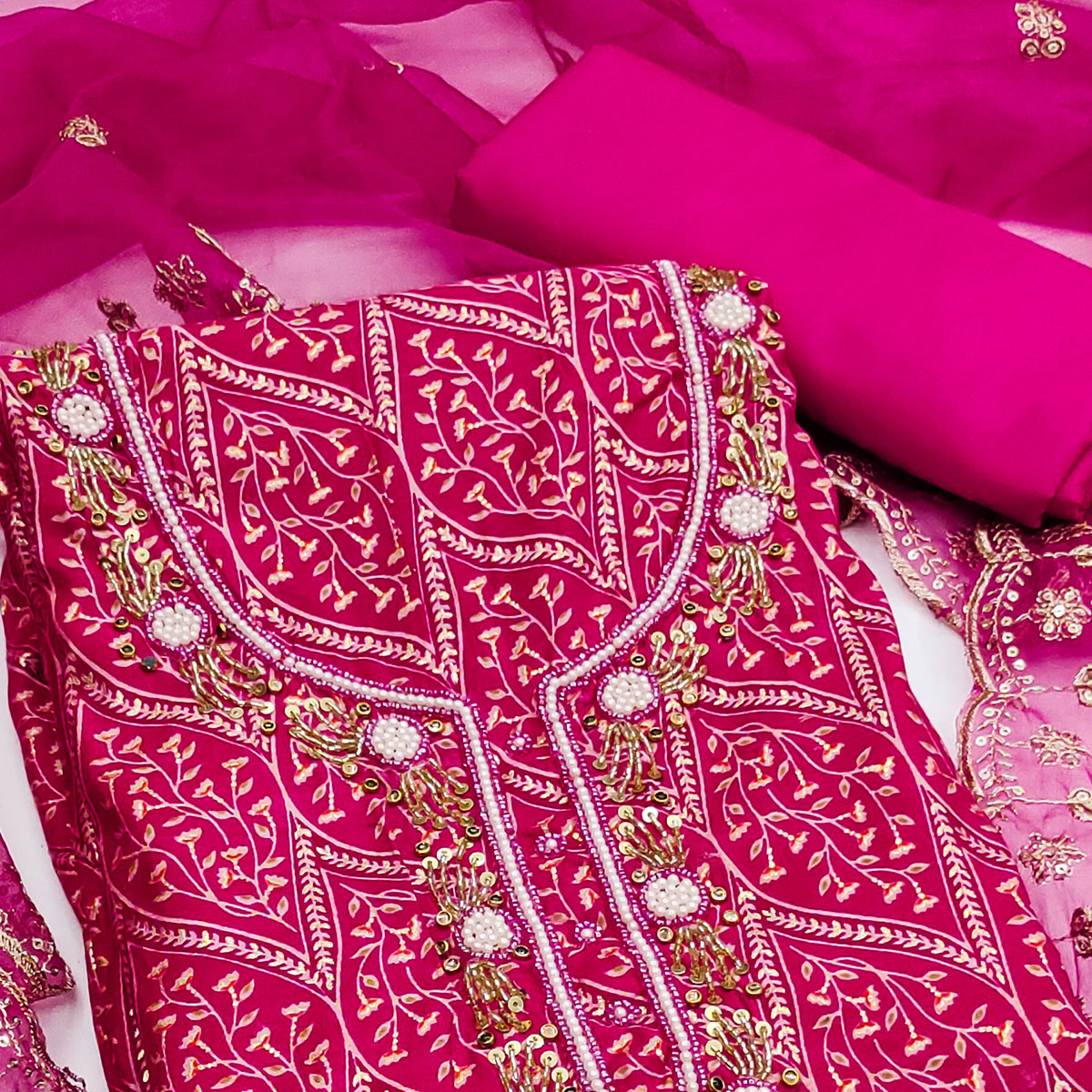Rani Pink Foil Printed With Handwork Cotton Roman Silk Dress Material