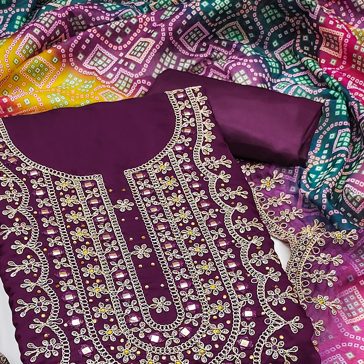 Wine Floral Embroidery With Stonework Roman Cotton Silk Dress Material