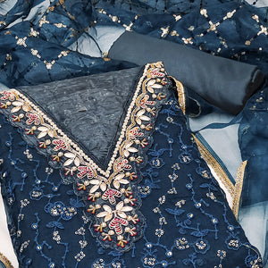 Blue Floral Sequins Embroidery With Handwork Organza Dress Material