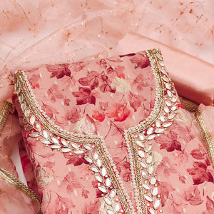 Peach Floral Woven With Handwork Viscose Banarasi Dress Material