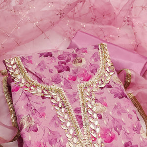 Pink Floral Woven With Handwork Viscose Banarasi Dress Material