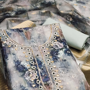 Blue Floral Printed With Handwork Muslin Dress Material