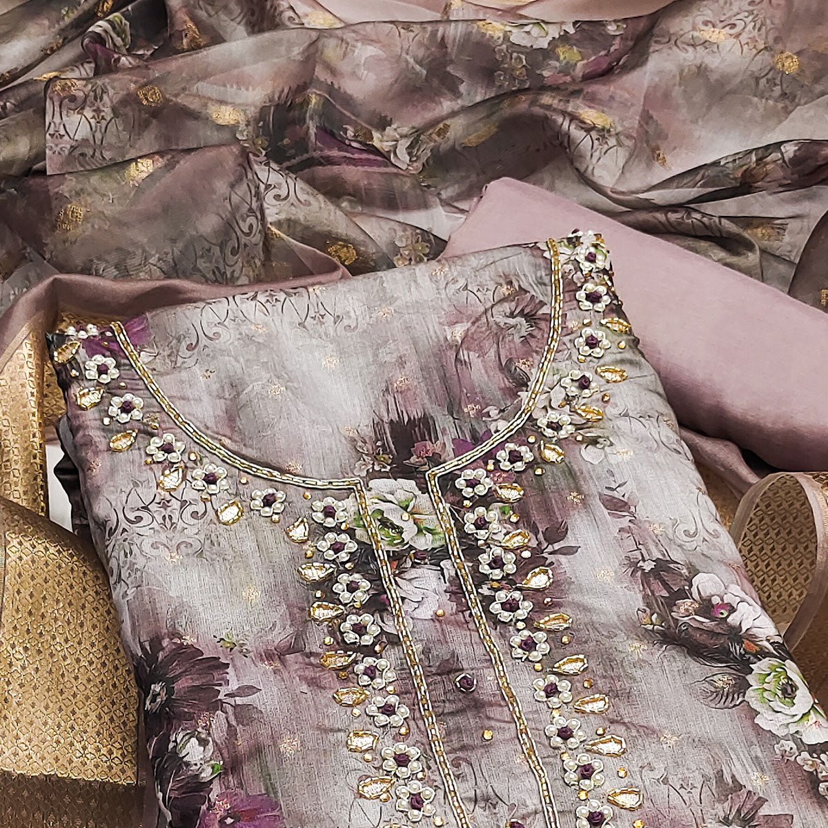 Wine Floral Printed With Handwork Muslin Dress Material