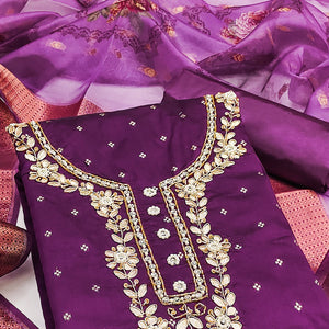 Purple Floral Moti With Gota Patti Handwork Banaarasi Silk Dress Material