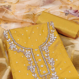 Yellow Floral Moti With Gota Patti Handwork Banaarasi Silk Dress Material