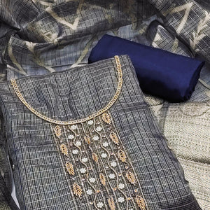 Blue Floral Handwork With Woven Viscose Dress Material