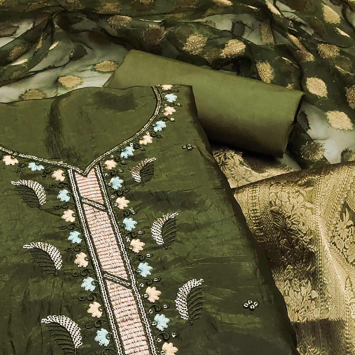 Green Floral Sequins Embroidered Viscose Dress Material