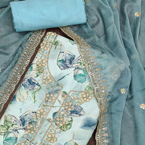 Blue Floral Printed With Handwork Pure Cotton Dress Material