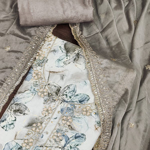 4Grey Floral Printed With Handwork Pure Cotton Dress Material