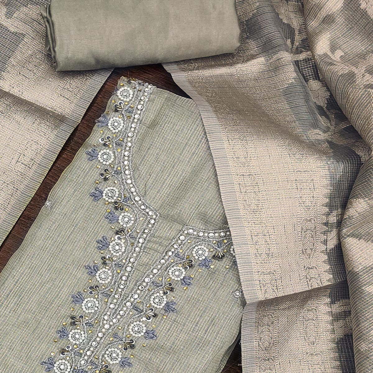 Grey Woven With Moti Handwork Viscose Dress Material