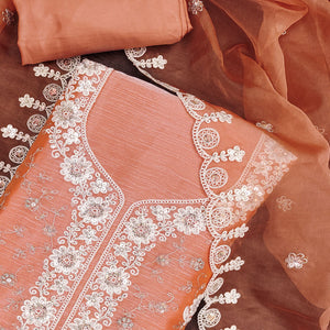 Peach Floral Sequins Embroidered Viscose Golden Crush Dress Material