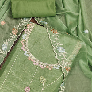 Green Floral Sequins Embroidered Viscose Golden Crush Dress Material