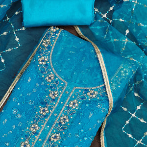 Blue Floral Sequins Embroidered With Handwork Organza Dress Material